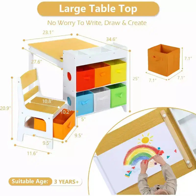 Kinder King Ensemble table et 2 chaises 3-en-1 pour enfants avec rangement, plateau amovible et tableau noir, pour l'art, l'artisanat et la lecture