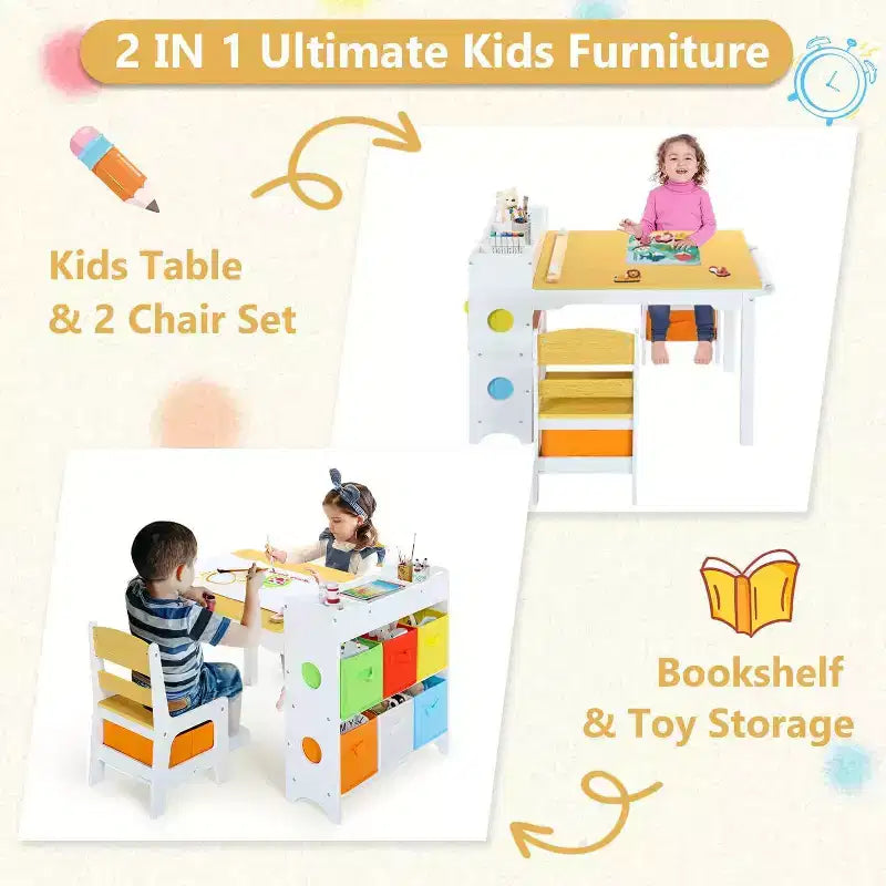 Kinder King Ensemble table et 2 chaises 3-en-1 pour enfants avec rangement, plateau amovible et tableau noir, pour l'art, l'artisanat et la lecture