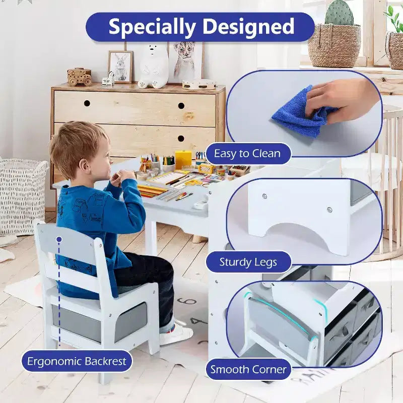 Kinder King Ensemble table et 2 chaises 3-en-1 pour enfants avec rangement, plateau amovible et tableau noir, pour l'art, l'artisanat et la lecture
