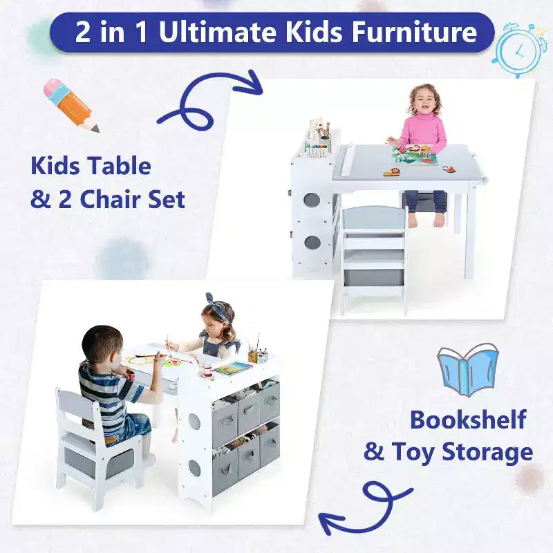 Kinder King Ensemble table et 2 chaises 3-en-1 pour enfants avec rangement, plateau amovible et tableau noir, pour l'art, l'artisanat et la lecture