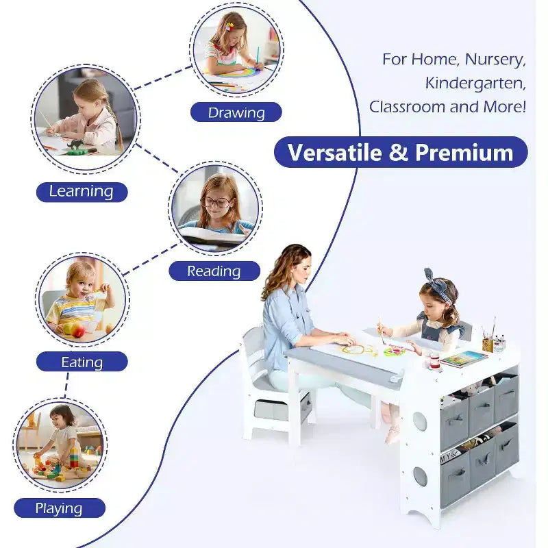 Kinder King Ensemble table et 2 chaises 3-en-1 pour enfants avec rangement, plateau amovible et tableau noir, pour l'art, l'artisanat et la lecture