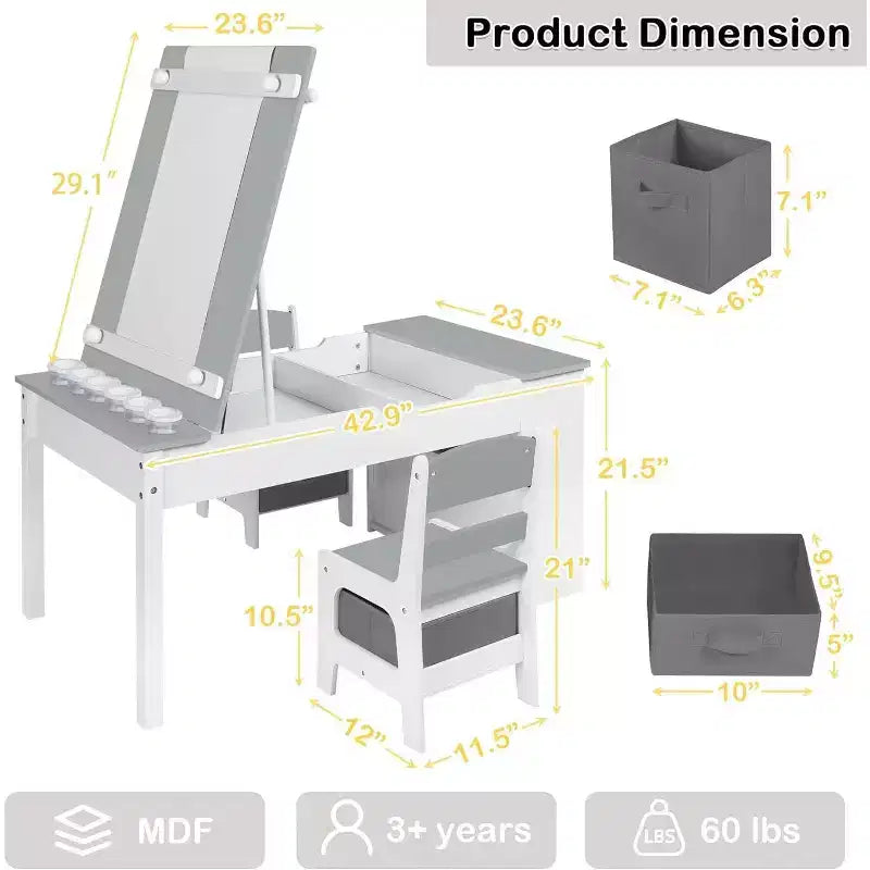 Kinder King Ensemble table et 2 chaises 3-en-1 pour enfants avec rangement, plateau amovible et tableau noir, pour l'art, l'artisanat et la lecture