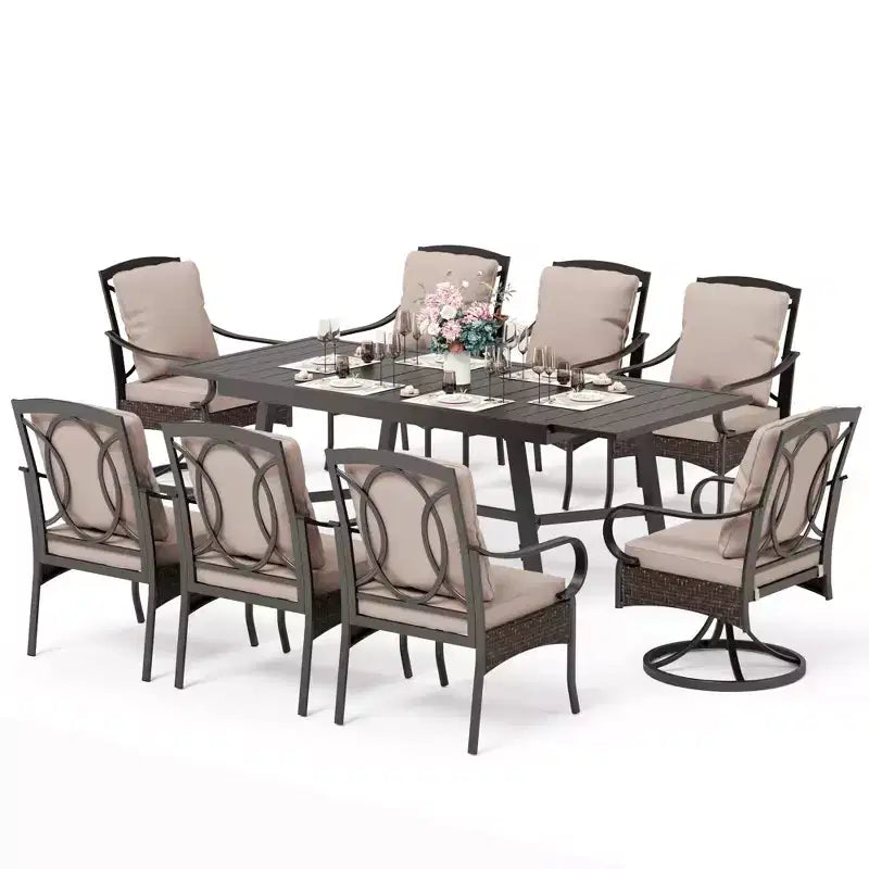 Captiva Designs 9pc Patio Dining Extendable Steel Rectangle Table & Rattan Metal Fixed Chairs & Swivel Arm Chairs