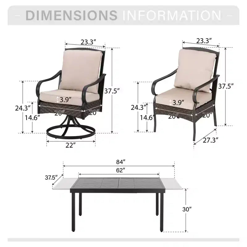 Captiva Designs Ensemble repas de 9 pièces pour terrasse avec table extensible rectangulaire en acier, chaises fixes en rotin et métal et fauteuils pivotants.