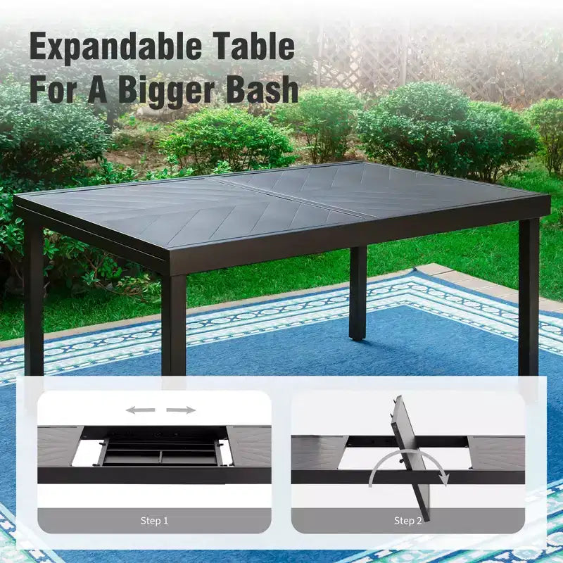 Captiva Designs Ensemble repas de 9 pièces pour terrasse avec table extensible rectangulaire en acier, chaises fixes en rotin et métal et fauteuils pivotants.