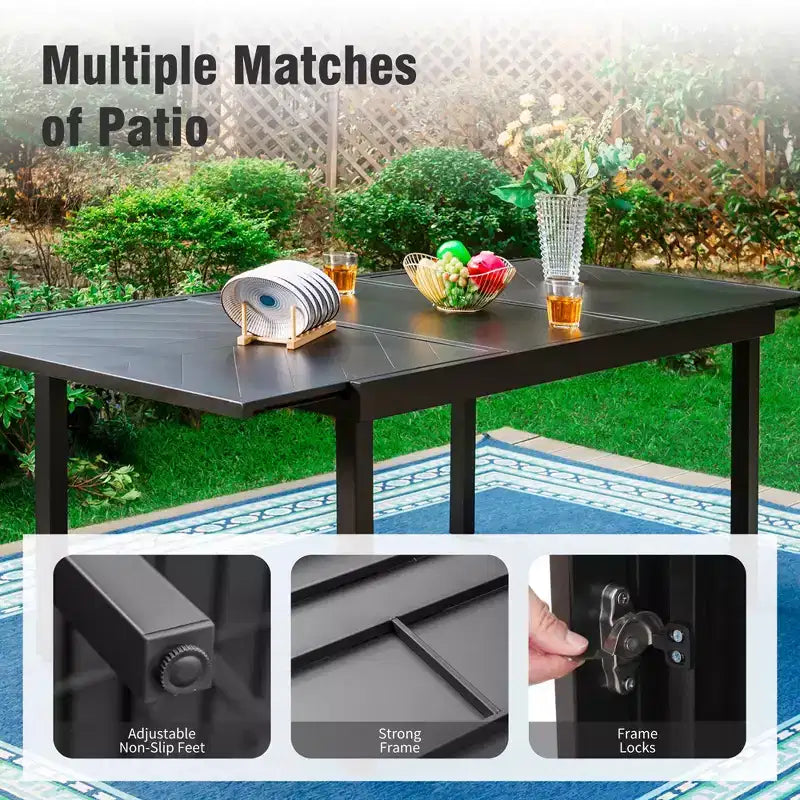 Captiva Designs Ensemble repas de 9 pièces pour terrasse avec table extensible rectangulaire en acier, chaises fixes en rotin et métal et fauteuils pivotants.