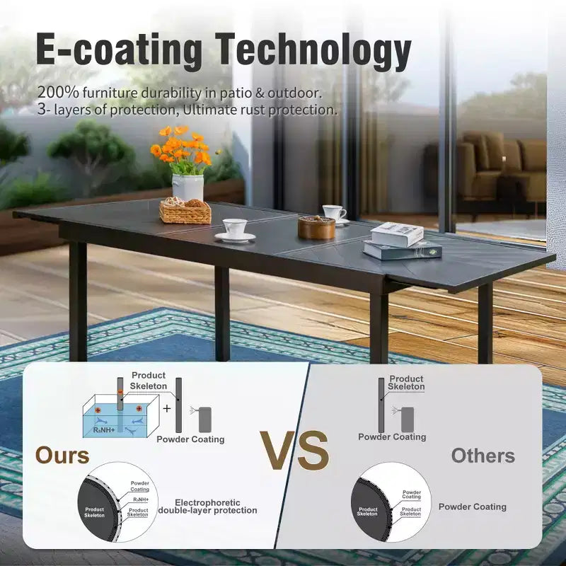 Captiva Designs Ensemble repas de 9 pièces pour terrasse avec table extensible rectangulaire en acier, chaises fixes en rotin et métal et fauteuils pivotants.