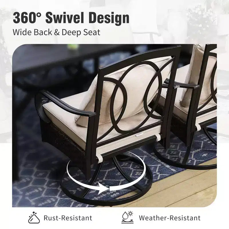 Captiva Designs Ensemble repas de 9 pièces pour terrasse avec table extensible rectangulaire en acier, chaises fixes en rotin et métal et fauteuils pivotants.