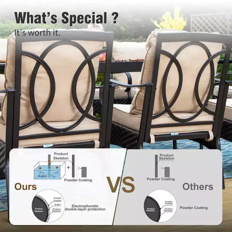 Captiva Designs Ensemble repas de 9 pièces pour terrasse avec table extensible rectangulaire en acier, chaises fixes en rotin et métal et fauteuils pivotants.