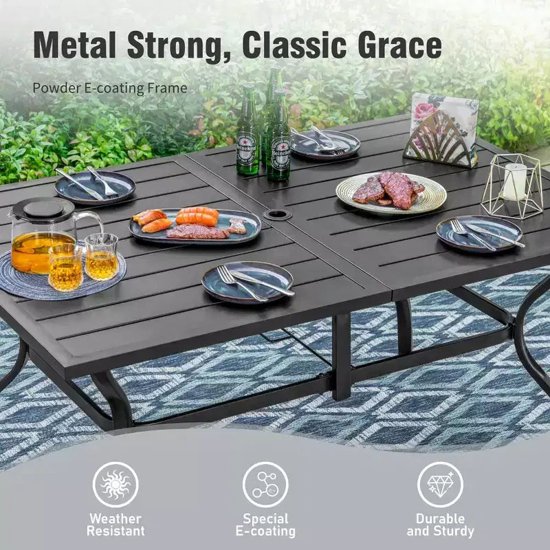 Captiva Designs Ensemble de salle à manger de jardin 8 pièces avec table rectangulaire en acier, chaises en acier noir et parasol beige