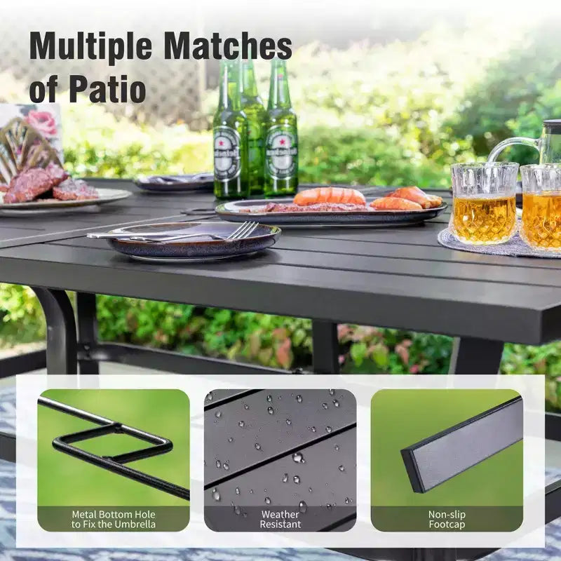 Captiva Designs Ensemble de salle à manger de jardin 8 pièces avec table rectangulaire en acier, chaises en acier noir et parasol beige