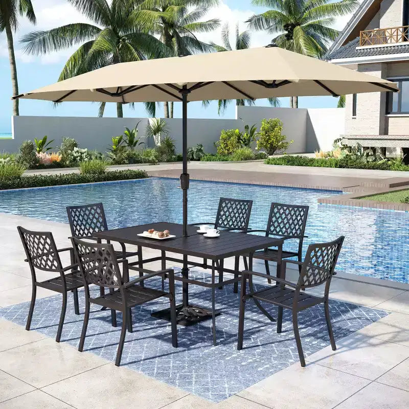 Captiva Designs 8pc Patio Dining Set with Rectangular Steel Table & Black Steel Chairs & Beige Umbrella