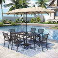 Captiva Designs 8pc Patio Dining Set with Rectangular Steel Table & Black Steel Chairs & Beige Umbrella