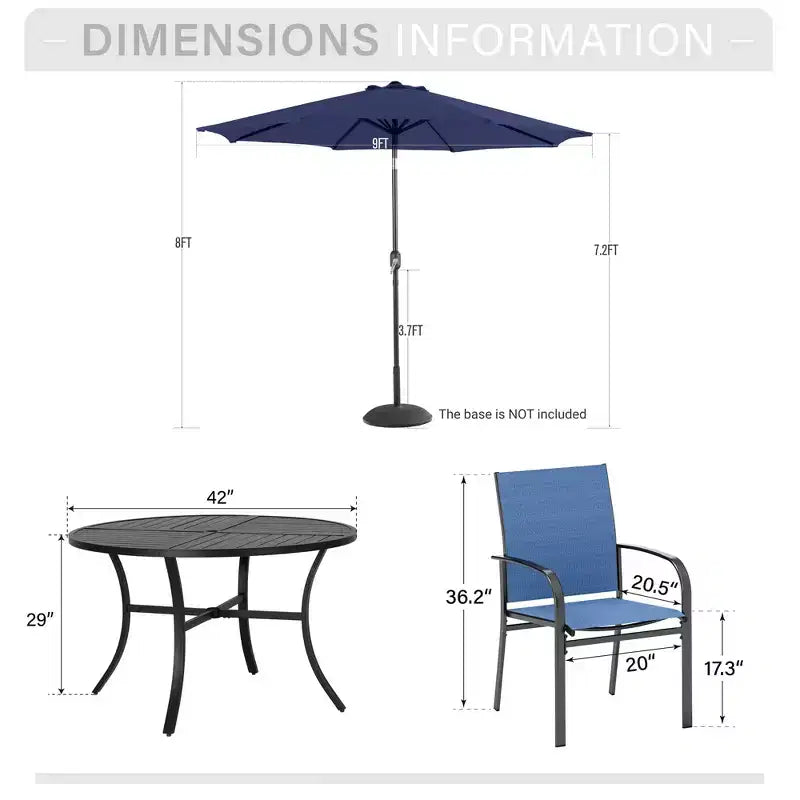 Ensemble de salle à manger d'extérieur Captiva Designs 6 pièces avec table en acier, chaises pliantes bleues et parasol bleu