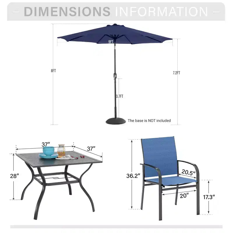 Ensemble de salle à manger d'extérieur Captiva Designs 6 pièces avec table en acier, chaises pliantes bleues et parasol bleu