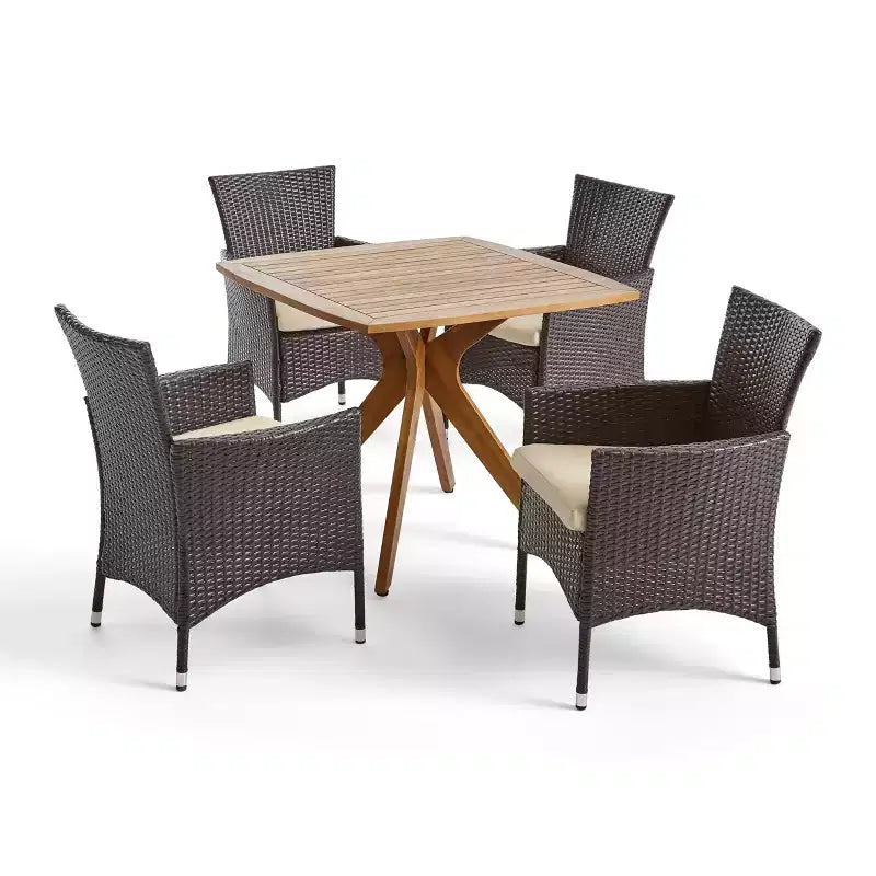 Christopher Knight Home Montserrat Outdoor Acacia Wood and Wicker 5 Piece Dining Set with Cushion, Teak/Multibrown