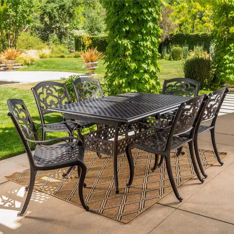 Christopher Knight Home Virago Ensemble de salle à manger extensible 7 pièces en fonte d'aluminium avec trou pour parasol, cuivre brillant