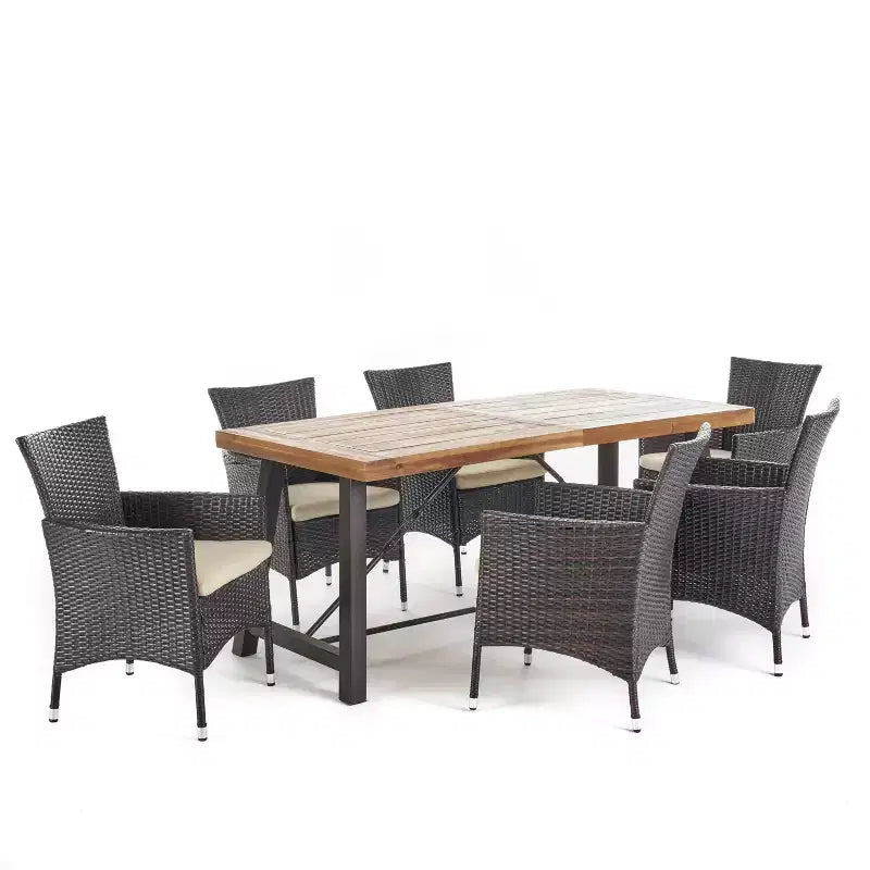 GDFStudio Plauche Outdoor Wicker and Acacia Wood 7 Piece Dining Set with Cushion, Teak/Multibrown/Beige