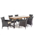 GDFStudio Plauche Outdoor Wicker and Acacia Wood 7 Piece Dining Set with Cushion, Teak/Multibrown/Beige