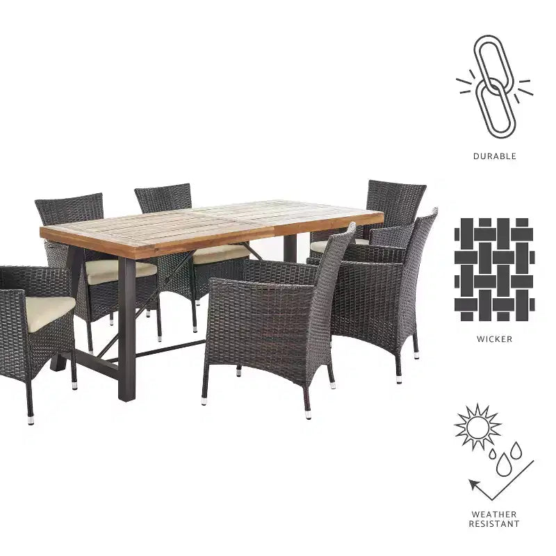 GDFStudio Ensemble de salle à manger d'extérieur Plauche 7 pièces en osier et bois d'acacia avec coussins, teck/marron/beige