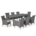 GDFStudio Aloha Outdoor Acacia Wood and Wicker 9 Piece Expandable Dining Set, Light Gray/Gray
