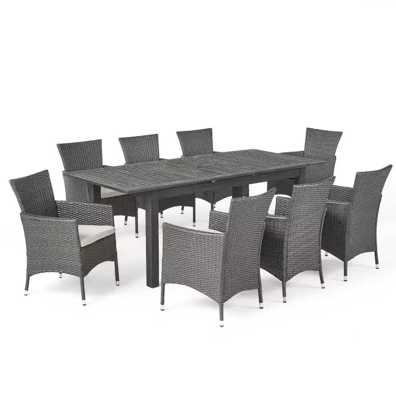 GDFStudio Aloha Outdoor Acacia Wood and Wicker 9 Piece Expandable Dining Set, Light Gray/Gray