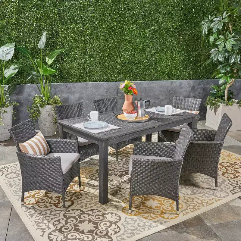 GDFStudio Aloha Ensemble repas extensible 7 pièces en bois d'acacia et osier pour extérieur