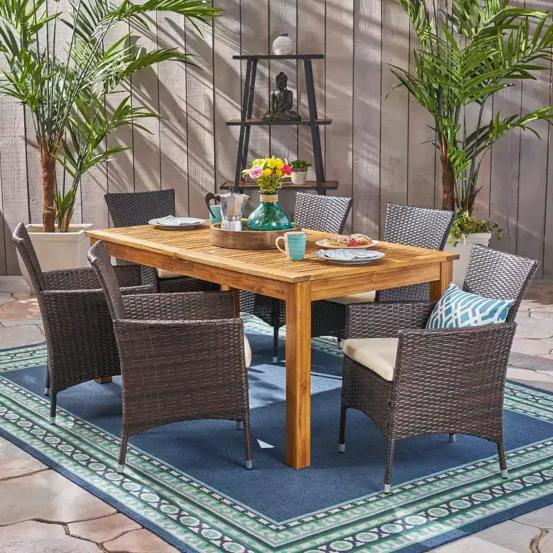GDFStudio Aloha Ensemble repas extensible 7 pièces en bois d'acacia et osier pour extérieur