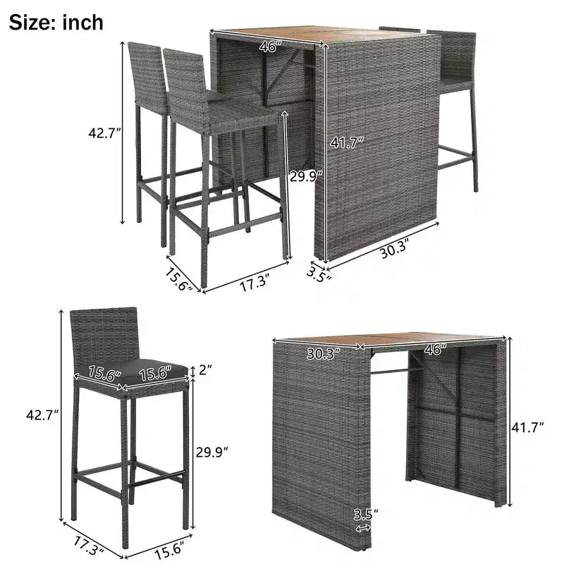 Ensemble de bar 5 pièces d'extérieur en rotin PE Whisen avec plateau de table pliable et coussins