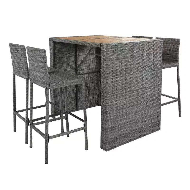 Ensemble de bar 5 pièces d'extérieur en rotin PE Whisen avec plateau de table pliable et coussins