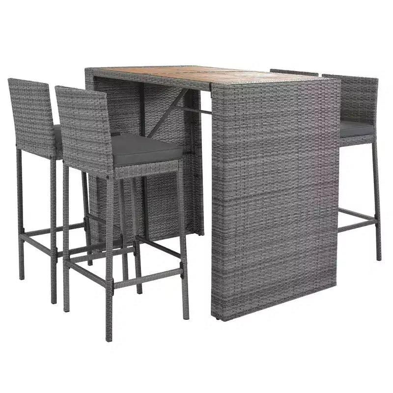 Ensemble de bar 5 pièces d'extérieur en rotin PE Whisen avec plateau de table pliable et coussins