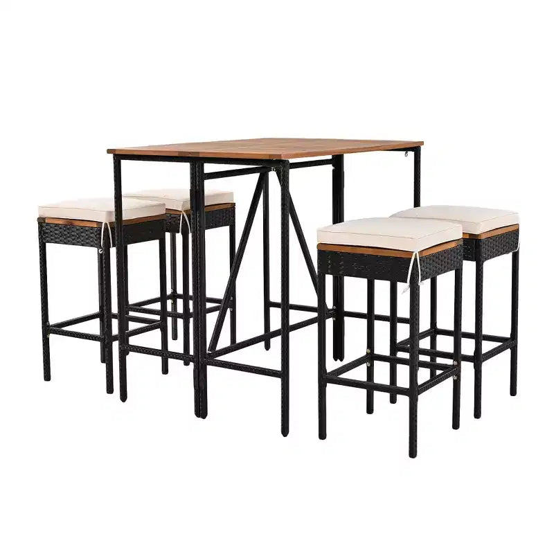 Ensemble de bar 5 pièces d'extérieur en rotin PE Whisen avec plateau de table pliable et coussins