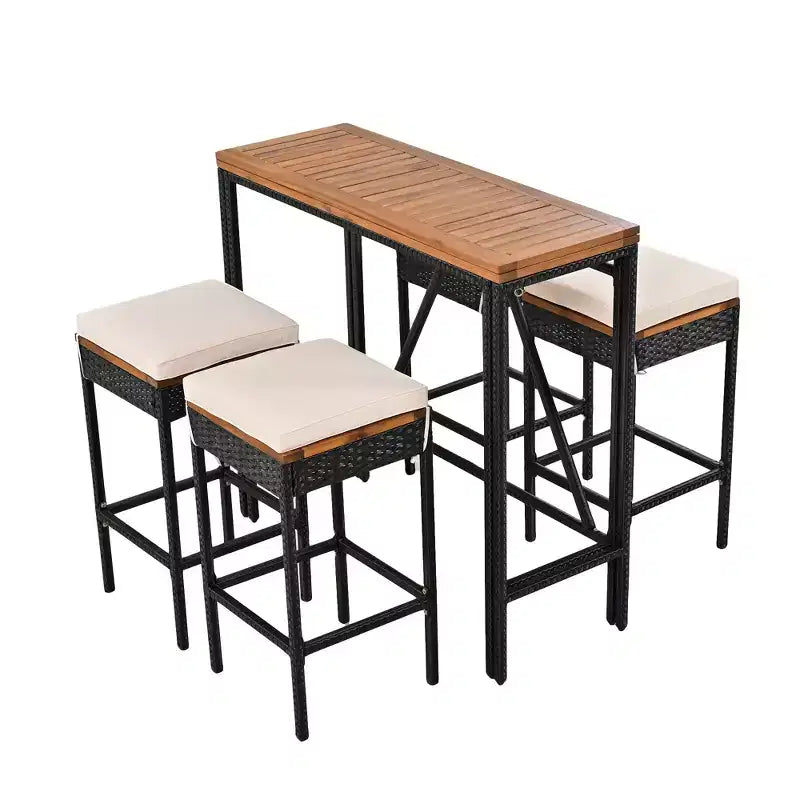 Ensemble de bar 5 pièces d'extérieur en rotin PE Whisen avec plateau de table pliable et coussins