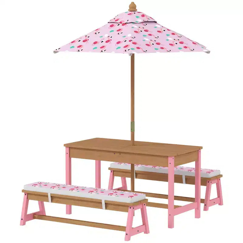 Table de pique-nique Qaba pour enfants, ensemble table et banc en bois avec parasol pliable, coussins et bacs amovibles, pour patio
