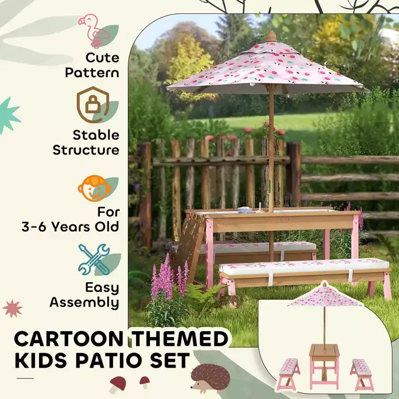 Table de pique-nique Qaba pour enfants, ensemble table et banc en bois avec parasol pliable, coussins et bacs amovibles, pour patio