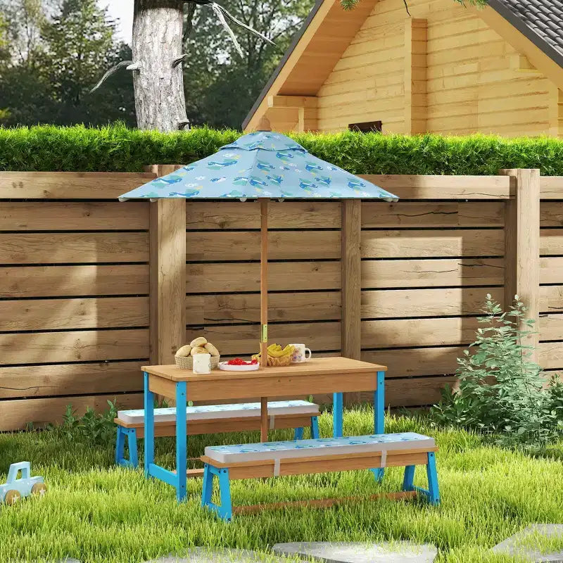 Table de pique-nique Qaba pour enfants, ensemble table et banc en bois avec parasol pliable, coussins et bacs amovibles, pour patio
