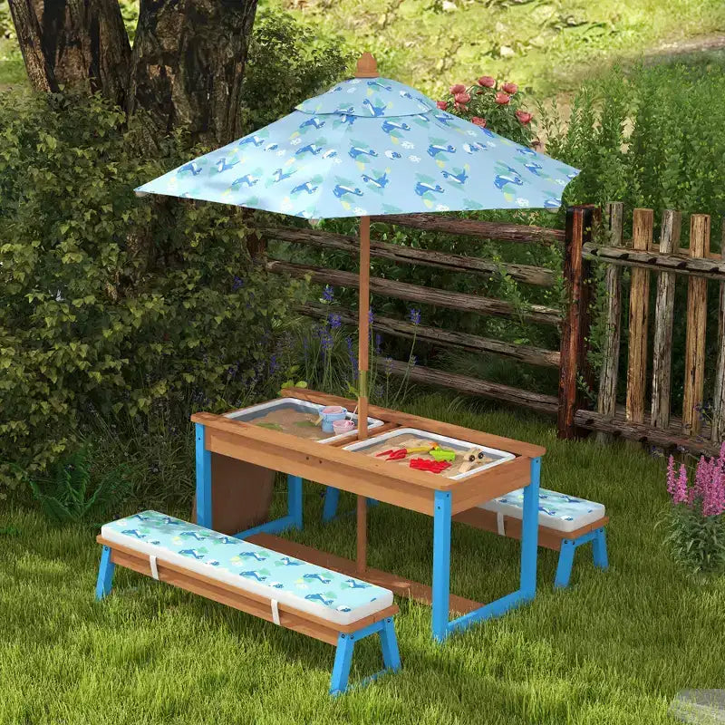 Table de pique-nique Qaba pour enfants, ensemble table et banc en bois avec parasol pliable, coussins et bacs amovibles, pour patio