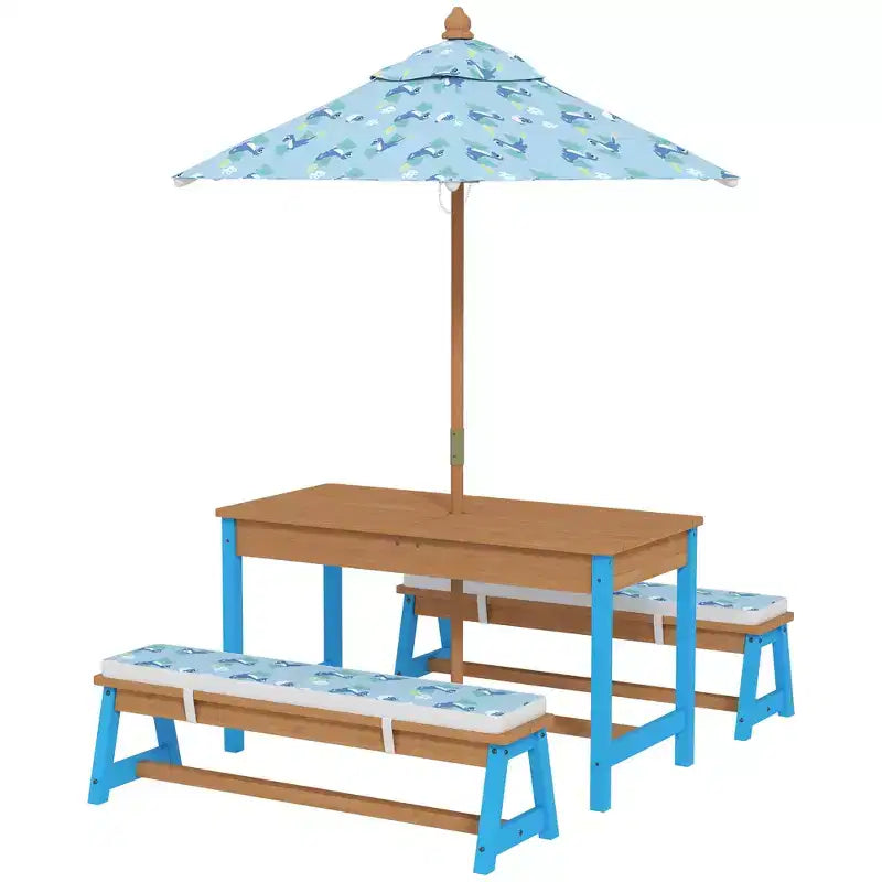 Table de pique-nique Qaba pour enfants, ensemble table et banc en bois avec parasol pliable, coussins et bacs amovibles, pour patio