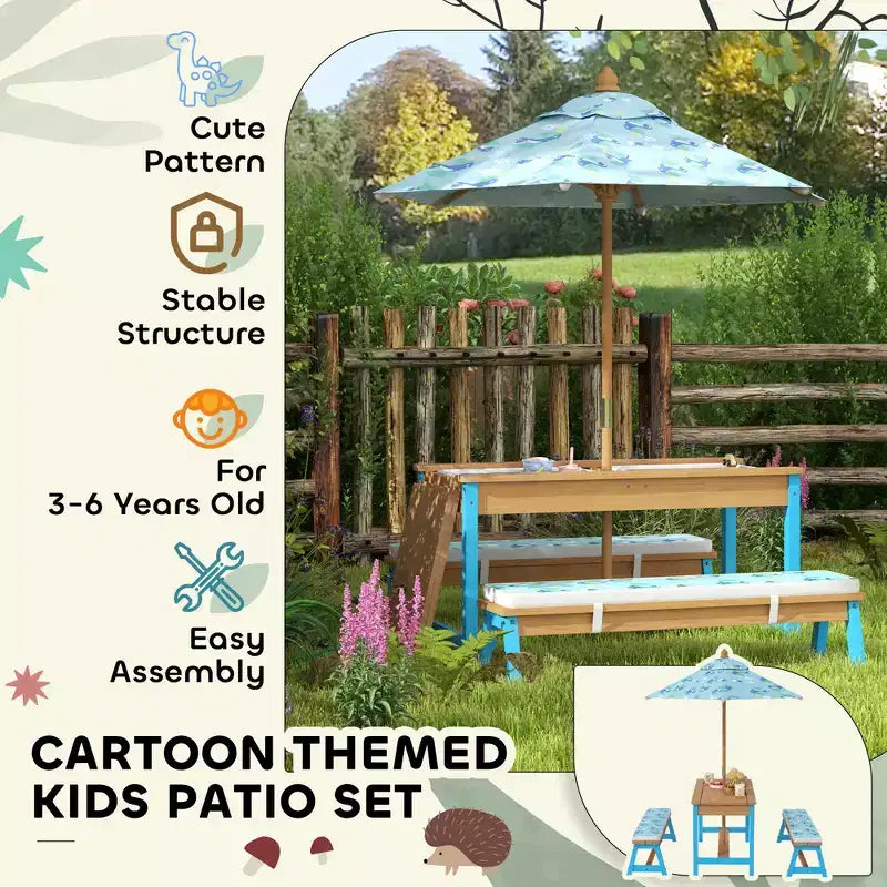 Table de pique-nique Qaba pour enfants, ensemble table et banc en bois avec parasol pliable, coussins et bacs amovibles, pour patio
