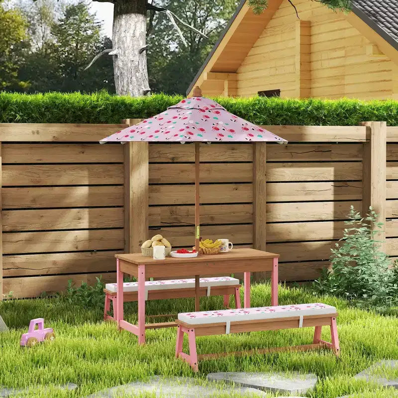 Table de pique-nique Qaba pour enfants, ensemble table et banc en bois avec parasol pliable, coussins et bacs amovibles, pour patio
