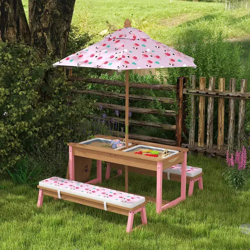 Table de pique-nique Qaba pour enfants, ensemble table et banc en bois avec parasol pliable, coussins et bacs amovibles, pour patio