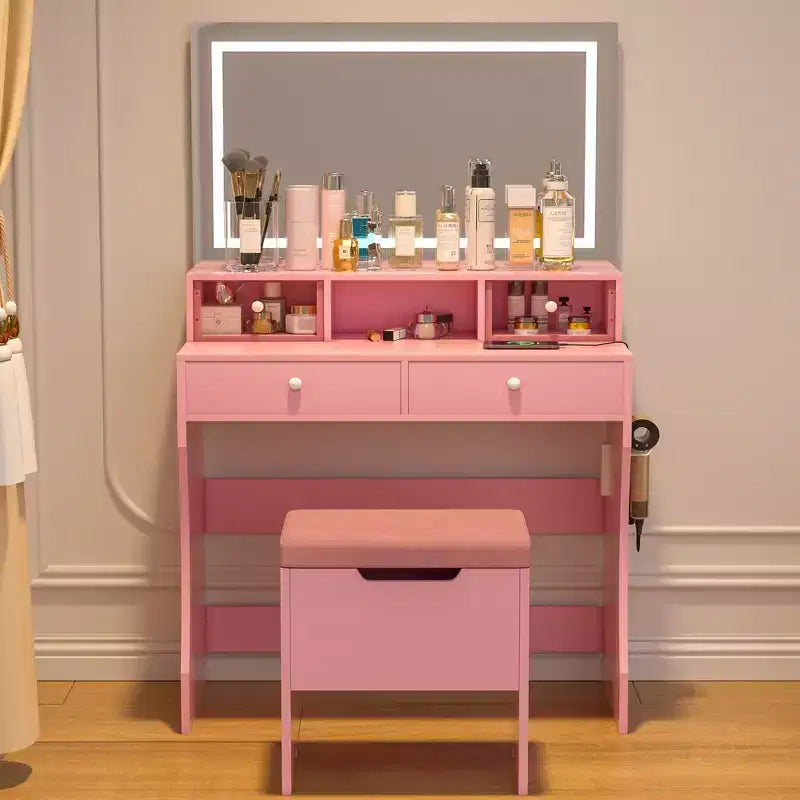 Coiffeuse avec miroir lumineux LED et prise électrique, table de maquillage avec 4 tiroirs et tabouret de rangement, 3 modes d'éclairage réglables pour chambre à coucher