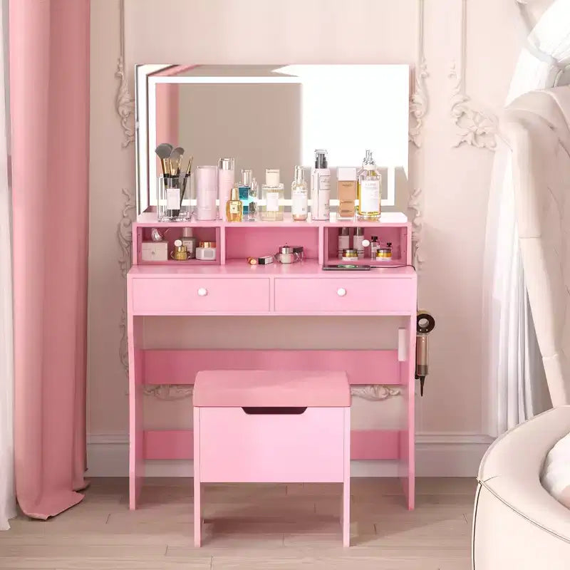 Coiffeuse avec miroir lumineux LED et prise électrique, table de maquillage avec 4 tiroirs et tabouret de rangement, 3 modes d'éclairage réglables pour chambre à coucher