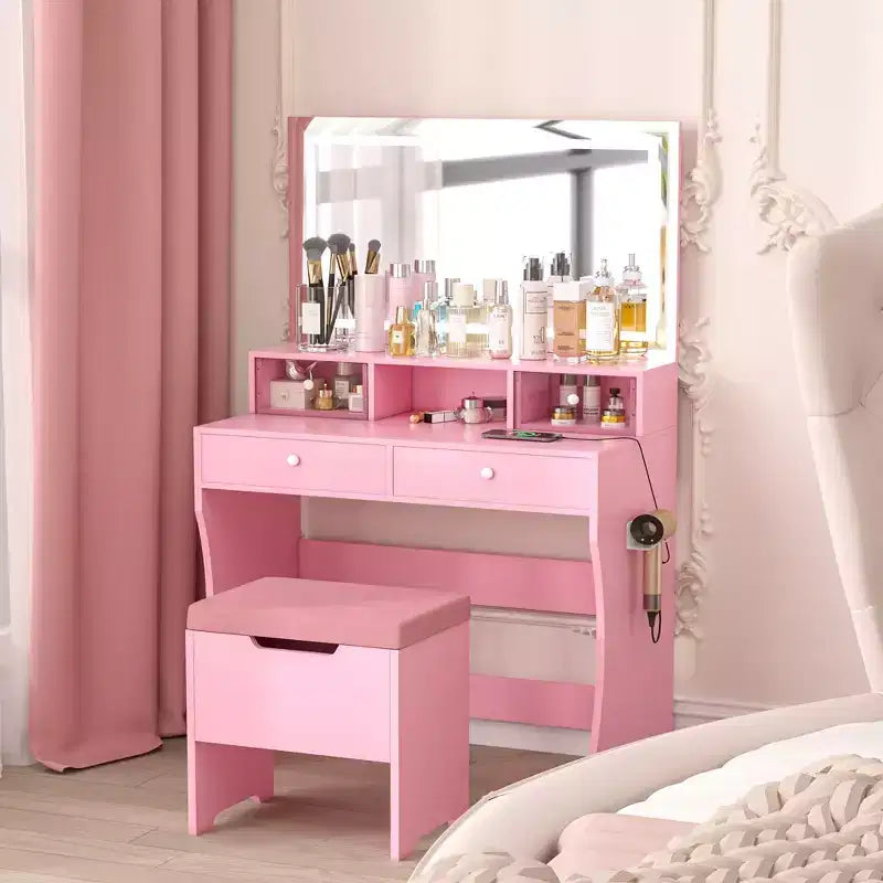 Coiffeuse avec miroir lumineux LED et prise électrique, table de maquillage avec 4 tiroirs et tabouret de rangement, 3 modes d'éclairage réglables pour chambre à coucher