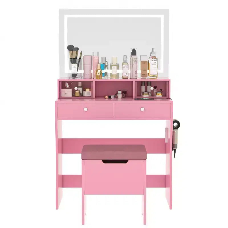 Coiffeuse avec miroir lumineux LED et prise électrique, table de maquillage avec 4 tiroirs et tabouret de rangement, 3 modes d'éclairage réglables pour chambre à coucher