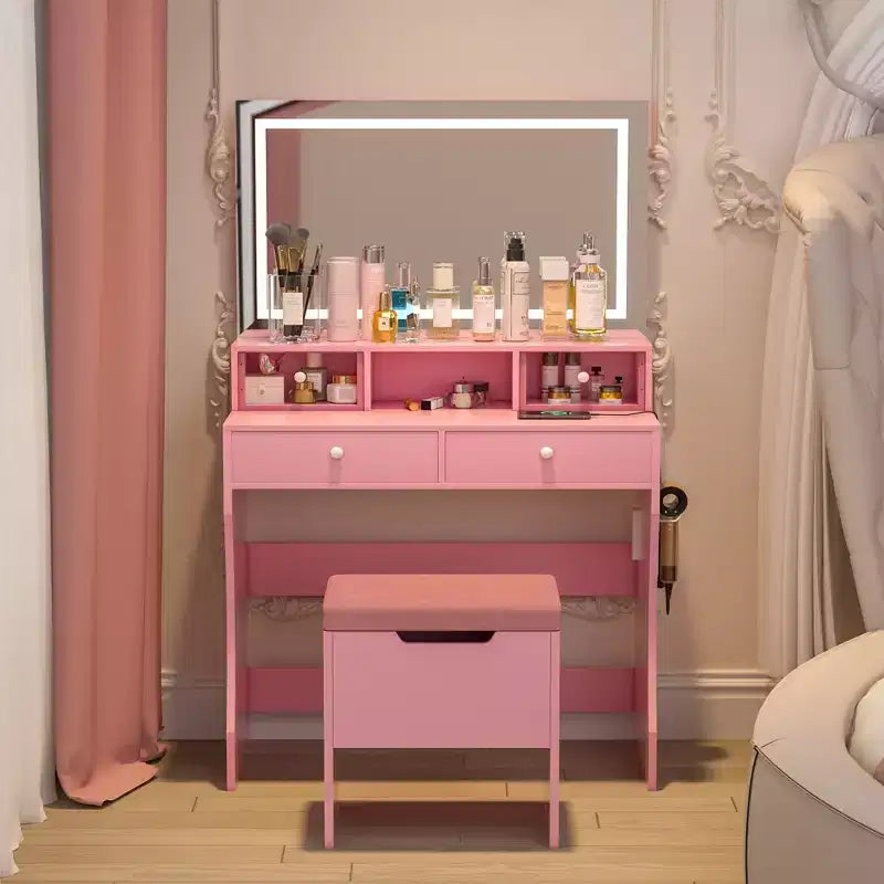 Coiffeuse avec miroir lumineux LED et prise électrique, table de maquillage avec 4 tiroirs et tabouret de rangement, 3 modes d'éclairage réglables pour chambre à coucher