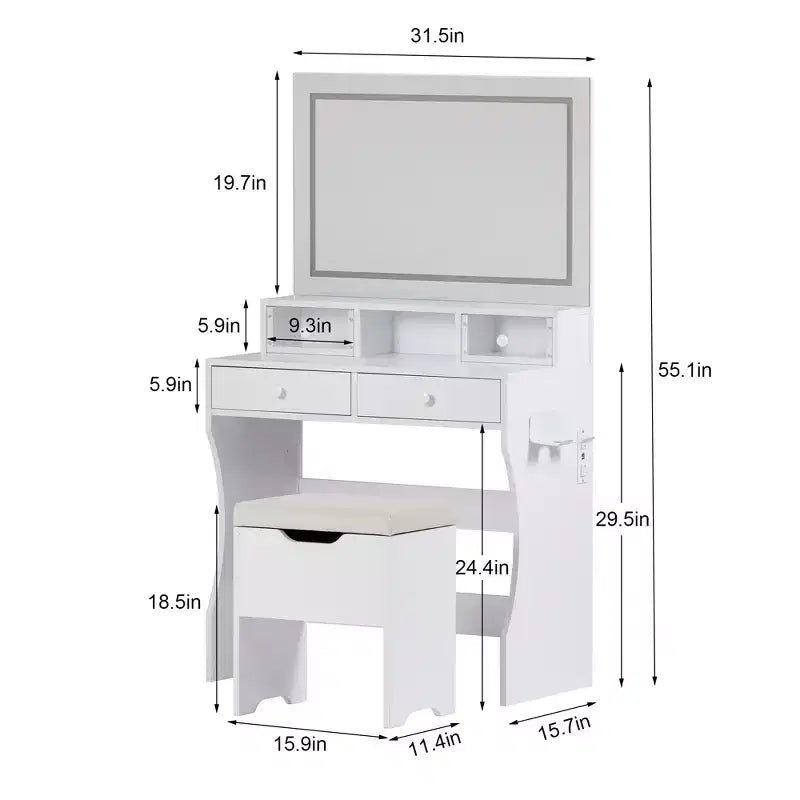 Coiffeuse avec miroir lumineux LED et prise électrique, table de maquillage avec 4 tiroirs et tabouret de rangement, 3 modes d'éclairage réglables pour chambre à coucher
