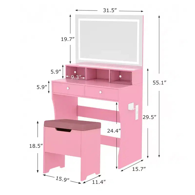 Coiffeuse avec miroir lumineux LED et prise électrique, table de maquillage avec 4 tiroirs et tabouret de rangement, 3 modes d'éclairage réglables pour chambre à coucher