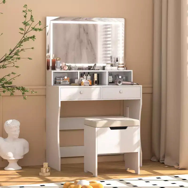 Coiffeuse avec miroir lumineux LED et prise électrique, table de maquillage avec 4 tiroirs et tabouret de rangement, 3 modes d'éclairage réglables pour chambre à coucher