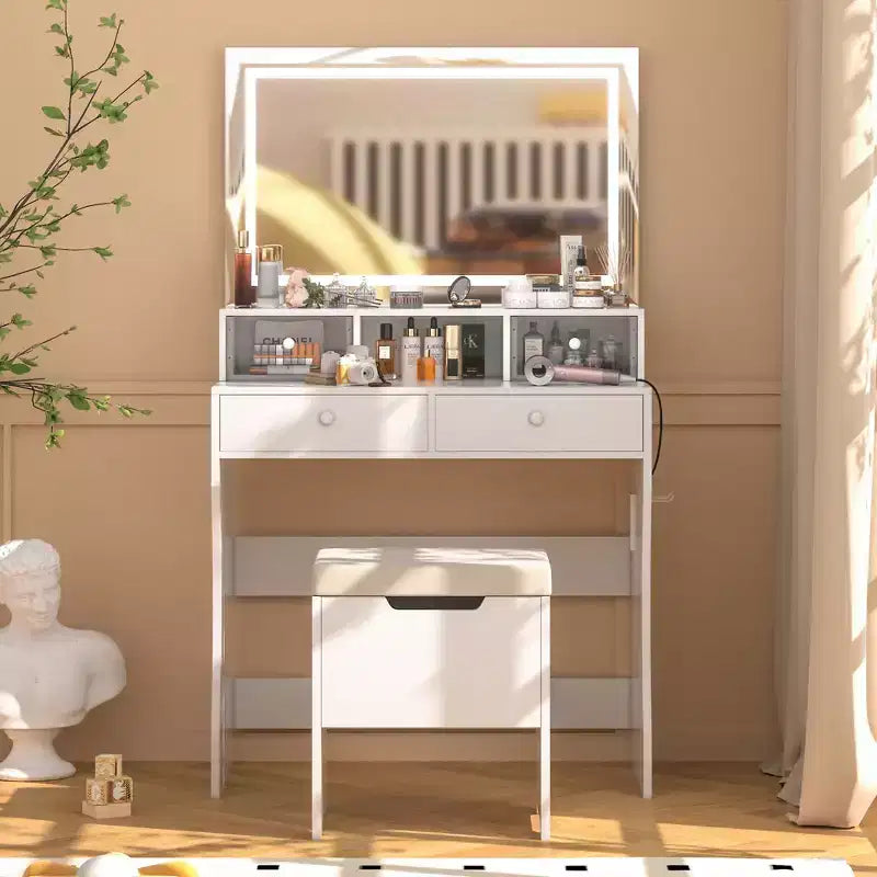 Coiffeuse avec miroir lumineux LED et prise électrique, table de maquillage avec 4 tiroirs et tabouret de rangement, 3 modes d'éclairage réglables pour chambre à coucher